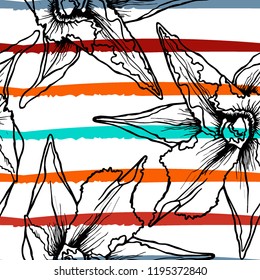 Tropical, stripe, animal motif. Seamless pattern line and crackle textures. Modern summer flower, leaf on abstract shape brush. Contrast vector background. Watercolor blobs and daubs, ink and stains.
