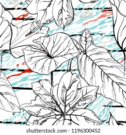 Tropical, stripe, animal motif. Seamless pattern line and crackle textures. Modern summer flower, leaf on abstract shape brush. Contrast vector background. Watercolor blobs and daubs, ink and stains.