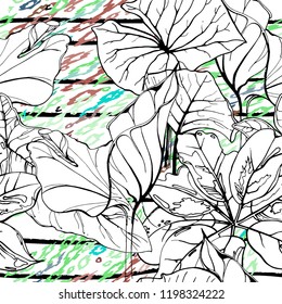Tropical, stripe, animal motif. Seamless pattern line and crackle textures. Modern summer flower, leaf on abstract shape brush. Contrast vector background. Watercolor blobs and daubs, ink and stains.