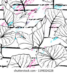 Tropical, stripe, animal motif. Seamless pattern line and crackle textures. Modern summer flower, leaf on abstract shape brush. Contrast vector background. Watercolor blobs and daubs, ink and stains.