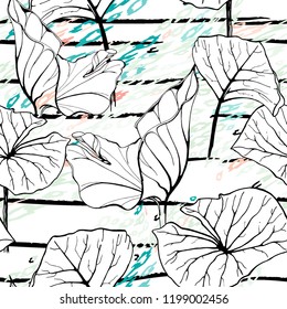 Tropical, stripe, animal motif. Seamless pattern line and crackle textures. Modern summer flower, leaf on abstract shape brush. Contrast vector background. Watercolor blobs and daubs, ink and stains.