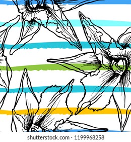 Tropical, stripe, animal motif. Seamless pattern line and crackle textures. Modern summer flower, leaf on abstract shape brush. Contrast vector background. Watercolor blobs and daubs, ink and stains.