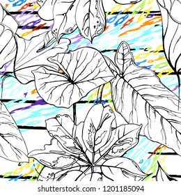 Tropical, stripe, animal motif. Seamless pattern line and crackle textures. Modern summer flower, leaf on abstract shape brush. Contrast vector background. Watercolor blobs and daubs, ink and stains.