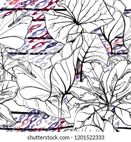Tropical, stripe, animal motif. Seamless pattern line and crackle textures. Modern summer flower, leaf on abstract shape brush. Contrast vector background. Watercolor blobs and daubs, ink and stains.