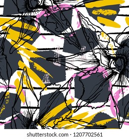 Tropical, stripe, animal motif. Seamless pattern line and crackle textures. Modern summer flower, leaf on abstract shape brush. Contrast vector background. Watercolor blobs and daubs, ink and stains.