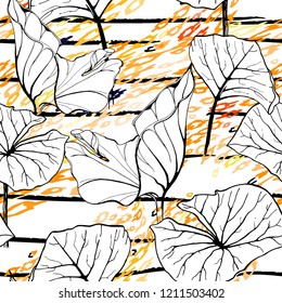 Tropical, stripe, animal motif. Seamless pattern line and crackle textures. Modern summer flower, leaf on abstract shape brush. Contrast vector background. Watercolor blobs and daubs, ink and stains.