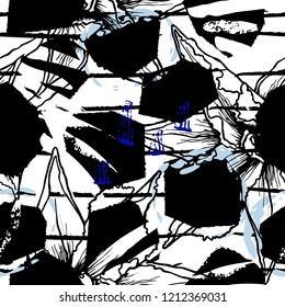 Tropical, stripe, animal motif. Seamless pattern line and crackle textures. Modern summer flower, leaf on abstract shape brush. Contrast vector background. Watercolor blobs and daubs, ink and stains.