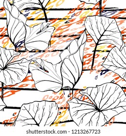 Tropical, stripe, animal motif. Seamless pattern line and crackle textures. Modern summer flower, leaf on abstract shape brush. Contrast vector background. Watercolor blobs and daubs, ink and stains.