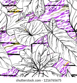 Tropical, stripe, animal motif. Seamless pattern line and crackle textures. Modern summer flower, leaf on abstract shape brush. Contrast vector background. Watercolor blobs and daubs, ink and stains.