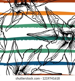 Tropical, stripe, animal motif. Seamless pattern line and crackle textures. Modern summer flower, leaf on abstract shape brush. Contrast vector background. Watercolor blobs and daubs, ink and stains.