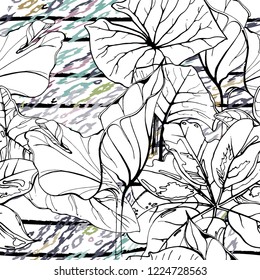 Tropical, stripe, animal motif. Seamless pattern line and crackle textures. Modern summer flower, leaf on abstract shape brush. Contrast vector background. Watercolor blobs and daubs, ink and stains.
