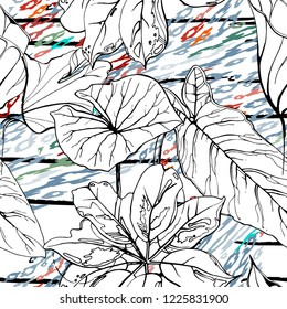 Tropical, stripe, animal motif. Seamless pattern line and crackle textures. Modern summer flower, leaf on abstract shape brush. Contrast vector background. Watercolor blobs and daubs, ink and stains.