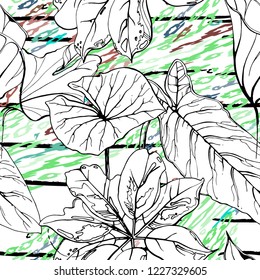 Tropical, stripe, animal motif. Seamless pattern line and crackle textures. Modern summer flower, leaf on abstract shape brush. Contrast vector background. Watercolor blobs and daubs, ink and stains.