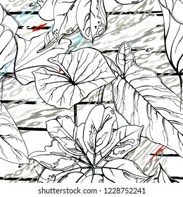 Tropical, stripe, animal motif. Seamless pattern line and crackle textures. Modern summer flower, leaf on abstract shape brush. Contrast vector background. Watercolor blobs and daubs, ink and stains.