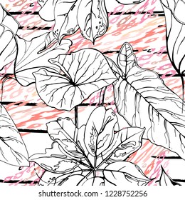 Tropical, stripe, animal motif. Seamless pattern line and crackle textures. Modern summer flower, leaf on abstract shape brush. Contrast vector background. Watercolor blobs and daubs, ink and stains.