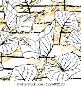 Tropical, stripe, animal motif. Seamless pattern line and crackle textures. Modern summer flower, leaf on abstract shape brush. Contrast vector background. Watercolor blobs and daubs, ink and stains.