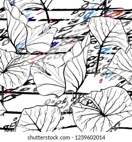 Tropical, stripe, animal motif. Seamless pattern line and crackle textures. Modern summer flower, leaf on abstract shape brush. Contrast vector background. Watercolor blobs and daubs, ink and stains.