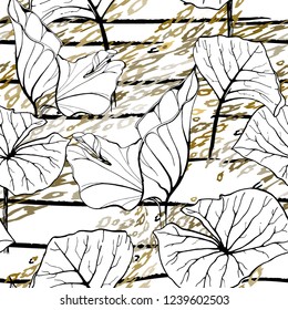 Tropical, stripe, animal motif. Seamless pattern line and crackle textures. Modern summer flower, leaf on abstract shape brush. Contrast vector background. Watercolor blobs and daubs, ink and stains.