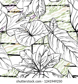 Tropical, stripe, animal motif. Seamless pattern line and crackle textures. Modern summer flower, leaf on abstract shape brush. Contrast vector background. Watercolor blobs and daubs, ink and stains.