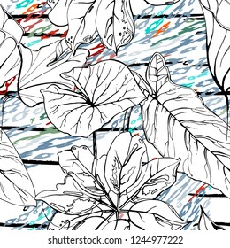 Tropical, stripe, animal motif. Seamless pattern line and crackle textures. Modern summer flower, leaf on abstract shape brush. Contrast vector background. Watercolor blobs and daubs, ink and stains.