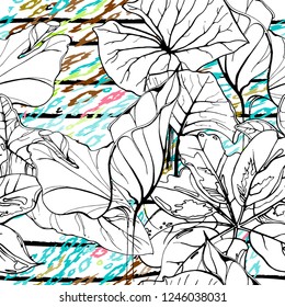 Tropical, stripe, animal motif. Seamless pattern line and crackle textures. Modern summer flower, leaf on abstract shape brush. Contrast vector background. Watercolor blobs and daubs, ink and stains.