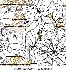 Tropical, stripe, animal motif. Seamless pattern line and crackle textures. Modern summer flower, leaf on abstract shape brush. Contrast vector background. Watercolor blobs and daubs, ink and stains.