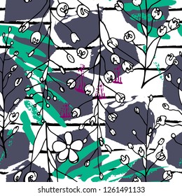 Tropical, stripe, animal motif. Seamless pattern line and crackle textures. Modern summer flower, leaf on abstract shape brush. Tropic vector background. Watercolor blobs stripe daubs, ink and stains.