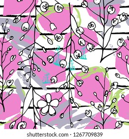 Tropical, stripe, animal motif. Seamless pattern line and crackle textures. Modern summer flower, leaf on abstract shape brush. Tropic vector background. Watercolor blobs stripe daubs, ink and stains.
