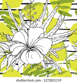 Tropical, stripe, animal motif. Seamless pattern line and crackle textures. Modern summer flower, leaf on abstract shape brush. Tropic vector background. Watercolor blobs stripe daubs, ink and stains.