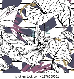 Tropical, stripe, animal motif. Seamless pattern line and crackle textures. Modern summer flower, leaf on abstract shape brush. Tropic vector background. Watercolor blobs stripe daubs, ink and stains.