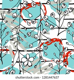 Tropical, stripe, animal motif. Seamless pattern line and crackle textures. Modern summer flower, leaf on abstract shape brush. Tropic vector background. Watercolor blobs stripe daubs, ink and stains.