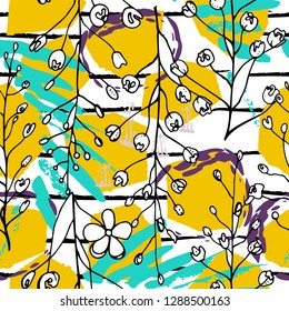 Tropical, stripe, animal motif. Seamless pattern line and crackle textures. Modern summer flower, leaf on abstract shape brush. Tropic vector background. Watercolor blobs stripe daubs, ink and stains.