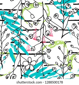 Tropical, stripe, animal motif. Seamless pattern line and crackle textures. Modern summer flower, leaf on abstract shape brush. Tropic vector background. Watercolor blobs stripe daubs, ink and stains.