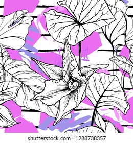 Tropical, stripe, animal motif. Seamless pattern line and crackle textures. Modern summer flower, leaf on abstract shape brush. Tropic vector background. Watercolor blobs stripe daubs, ink and stains.