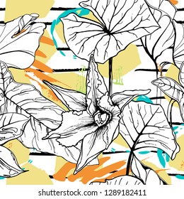 Tropical, stripe, animal motif. Seamless pattern line and crackle textures. Modern summer flower, leaf on abstract shape brush. Tropic vector background. Watercolor blobs stripe daubs, ink and stains.