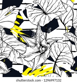 Tropical, stripe, animal motif. Seamless pattern line and crackle textures. Modern summer flower, leaf on abstract shape brush. Tropic vector background. Watercolor blobs stripe daubs, ink and stains.