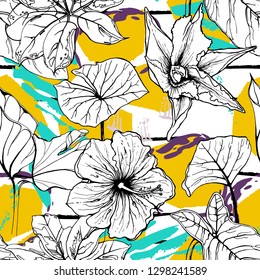 Tropical, stripe, animal motif. Seamless pattern line and crackle textures. Modern summer flower, leaf on abstract shape brush. Tropic vector background. Watercolor blobs stripe daubs, ink and stains.