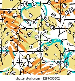 Tropical, stripe, animal motif. Seamless pattern line and crackle textures. Modern summer flower, leaf on abstract shape brush. Tropic vector background. Watercolor blobs stripe daubs, ink and stains.