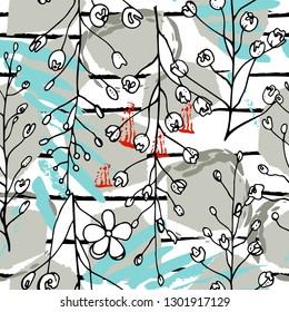 Tropical, stripe, animal motif. Seamless pattern line and crackle textures. Modern summer flower, leaf on abstract shape brush. Tropic vector background. Watercolor blobs stripe daubs, ink and stains.