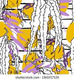 Tropical, stripe, animal motif. Seamless pattern line and crackle textures. Modern summer flower, leaf on abstract shape brush. Tropic vector background. Watercolor blobs stripe daubs, ink and stains.