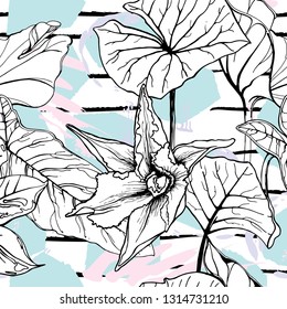 Tropical, stripe, animal motif. Seamless pattern line and crackle textures. Modern summer flower, leaf on abstract shape brush. Tropic vector background. Watercolor blobs stripe daubs, ink and stains.