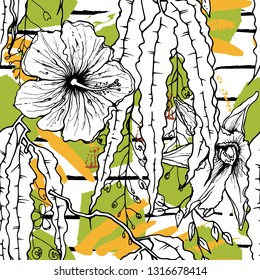 Tropical, stripe, animal motif. Seamless pattern line and crackle textures. Modern summer flower, leaf on abstract shape brush. Tropic vector background. Watercolor blobs stripe daubs, ink and stains.