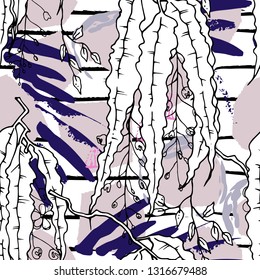 Tropical, stripe, animal motif. Seamless pattern line and crackle textures. Modern summer flower, leaf on abstract shape brush. Tropic vector background. Watercolor blobs stripe daubs, ink and stains.