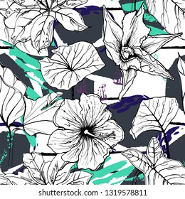 Tropical, stripe, animal motif. Seamless pattern line and crackle textures. Modern summer flower, leaf on abstract shape brush. Tropic vector background. Watercolor blobs stripe daubs, ink and stains.