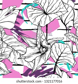 Tropical, stripe, animal motif. Seamless pattern line and crackle textures. Modern summer flower, leaf on abstract shape brush. Tropic vector background. Watercolor blobs stripe daubs, ink and stains.