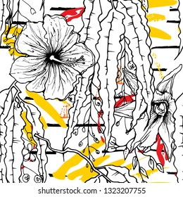 Tropical, stripe, animal motif. Seamless pattern line and crackle textures. Modern summer flower, leaf on abstract shape brush. Tropic vector background. Watercolor blobs stripe daubs, ink and stains.