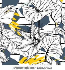 Tropical, stripe, animal motif. Seamless pattern line and crackle textures. Modern summer flower, leaf on abstract shape brush. Tropic vector background. Watercolor blobs stripe daubs, ink and stains.
