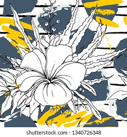 Tropical, stripe, animal motif. Seamless pattern line and crackle textures. Modern summer flower, leaf on abstract shape brush. Tropic vector background. Watercolor blobs stripe daubs, ink and stains.