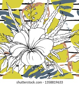 Tropical, stripe, animal motif. Seamless pattern line and crackle textures. Modern summer flower, leaf on abstract shape brush. Tropic vector background. Watercolor blobs stripe daubs, ink and stains.