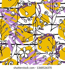 Tropical, stripe, animal motif. Seamless pattern line and crackle textures. Modern summer flower, leaf on abstract shape brush. Tropic vector background. Watercolor blobs stripe daubs, ink and stains.